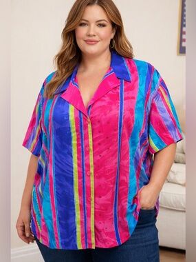 Vintage Diane Gilman 100% silk blouse, colorful/embellished, size 1X